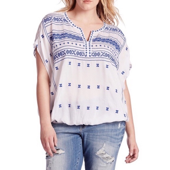 Lucky Brand Tops - Lucky Brand White Blue Embroidered Boho Hippie Beachy Peasant Top Small